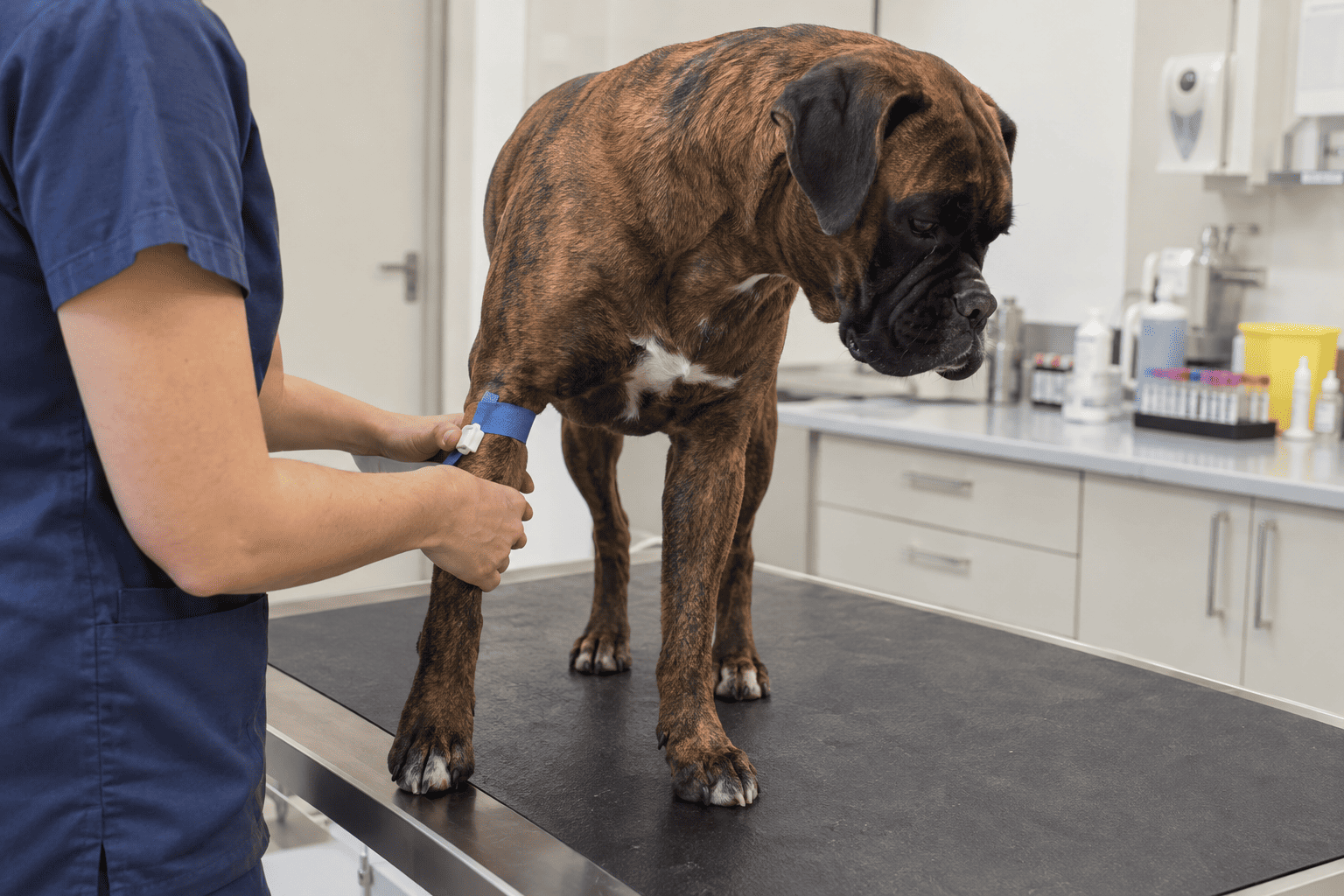 Veterinár vyšetruje krátkosrstého boxera na klinike